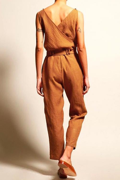 Casual V Neck Sleeveless Wrapped Jumpsuit
