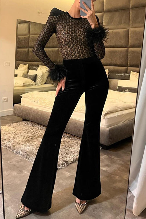 Feather Cuffs Bell Bottom Velvet Splice Jumpsuit