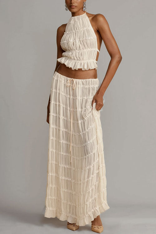 Meridress Frilled Halter Open Back Crop Top and Pleated Maxi Skirt Set