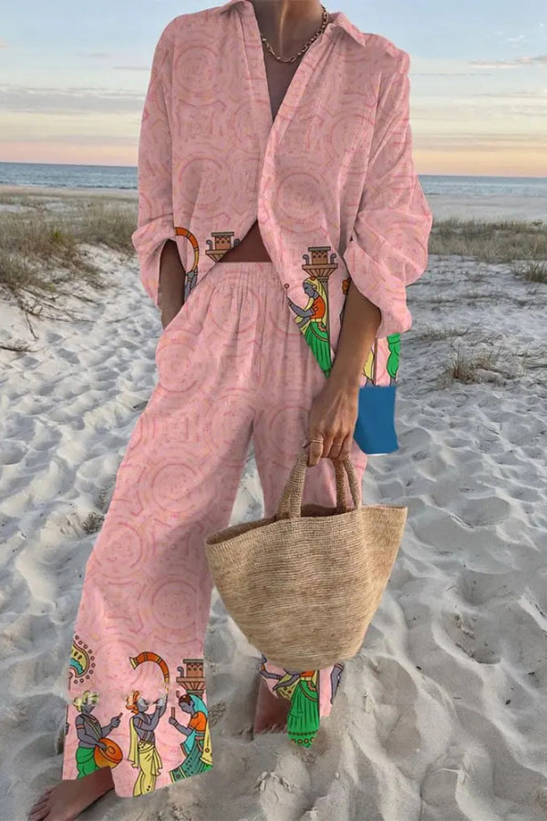 Egyptian Mural Print Oversized Shirt and Elastic Waist Pocket Pants Set