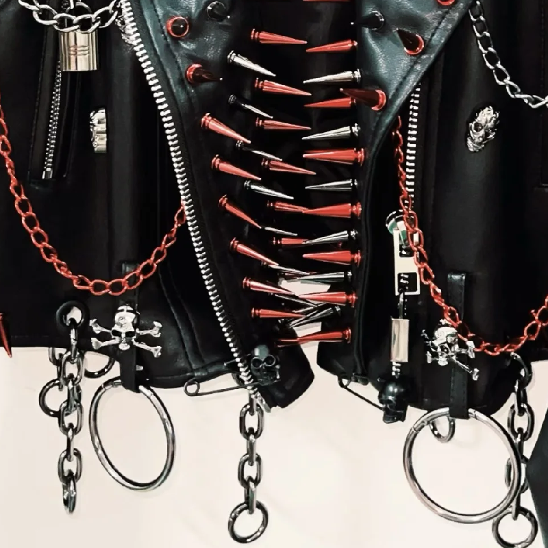 Long sleeve zip-up PU leather metal chain o ring top