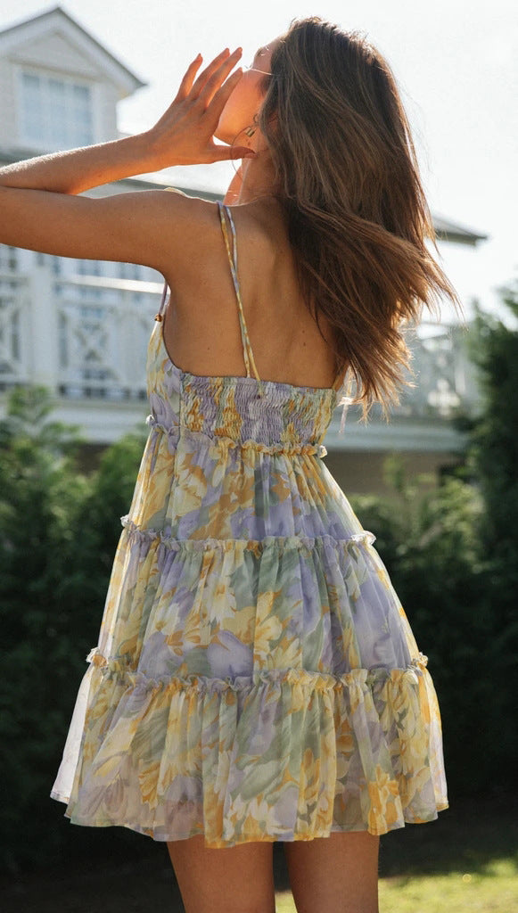 Floral Print Tie-Strap Shirred Bodice Tiered Ruffle Chiffon Mini Dress