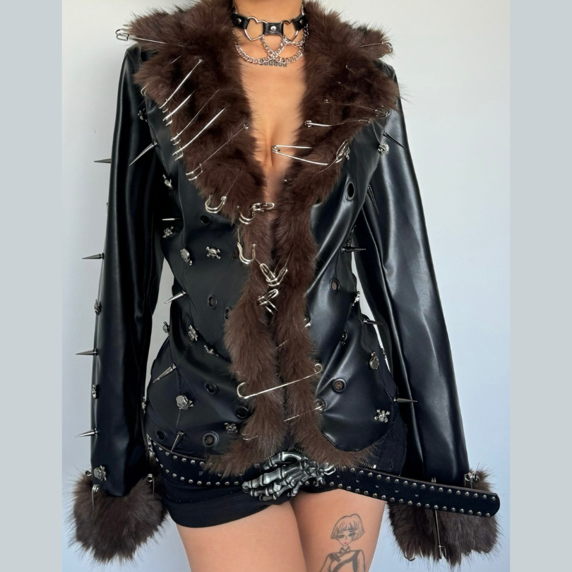 2 piece long sleeve fluffy o ring PU leather mini skirt set