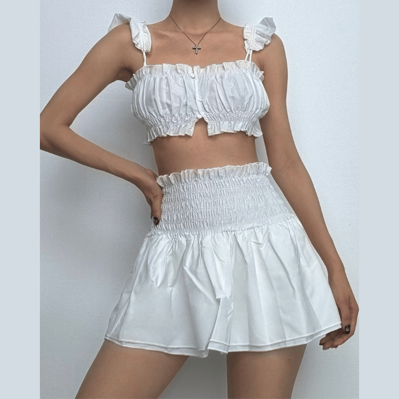 Smocked ruched cap sleeve solid ruffle mini skirt set