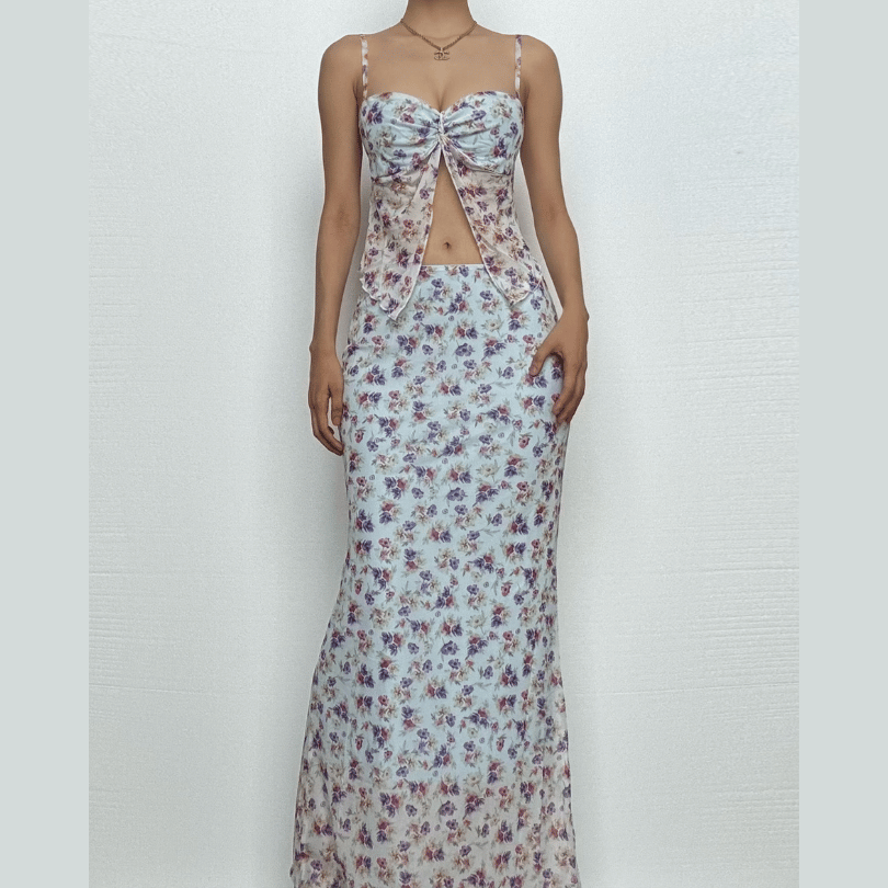 Print ruched high slit sweetheart neck mesh cami maxi skirt set