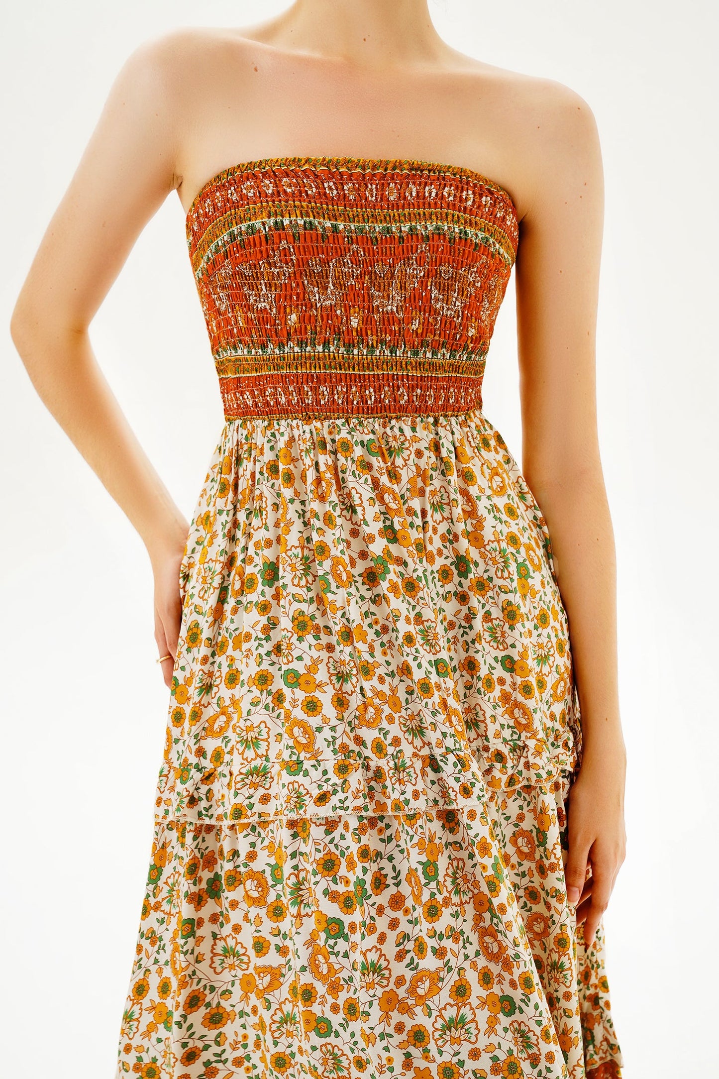 Floral Tube Top Smocked Elastic Midi Dress