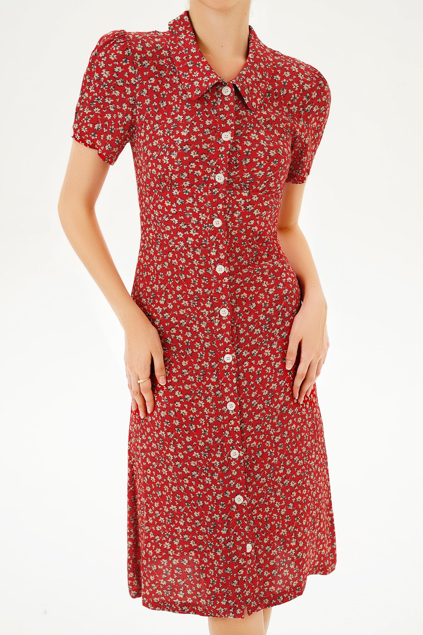 Floral Puff Sleeve Lapel Buttoned Midi Dress