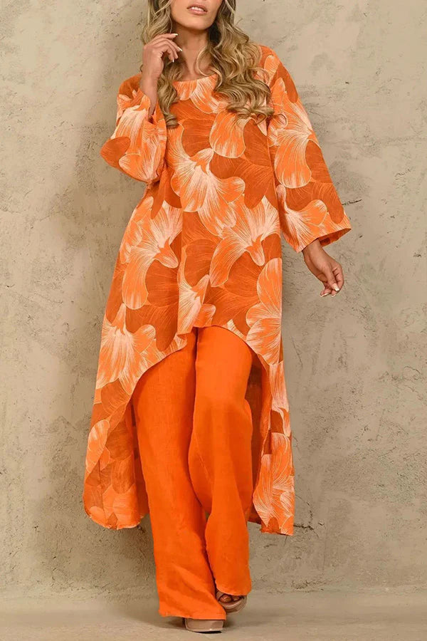 Exquisite Floral Print Crew Neck Paneled Pant Suit
