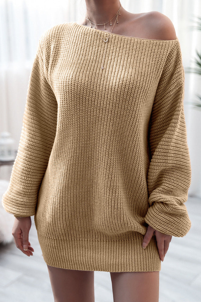 Boat Neck Off Shoulder Oversized Balloon Sleeve Ribbed Knit Mini Sweater Dress