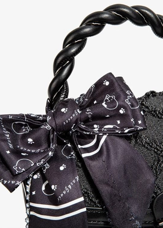 Aurelia Noir - Textured Faux Leather Mini Handbag with Printed Bow