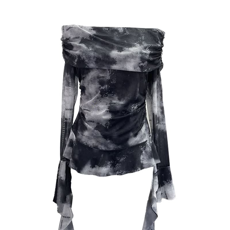 Long sleeve mesh print off shoulder ruched top
