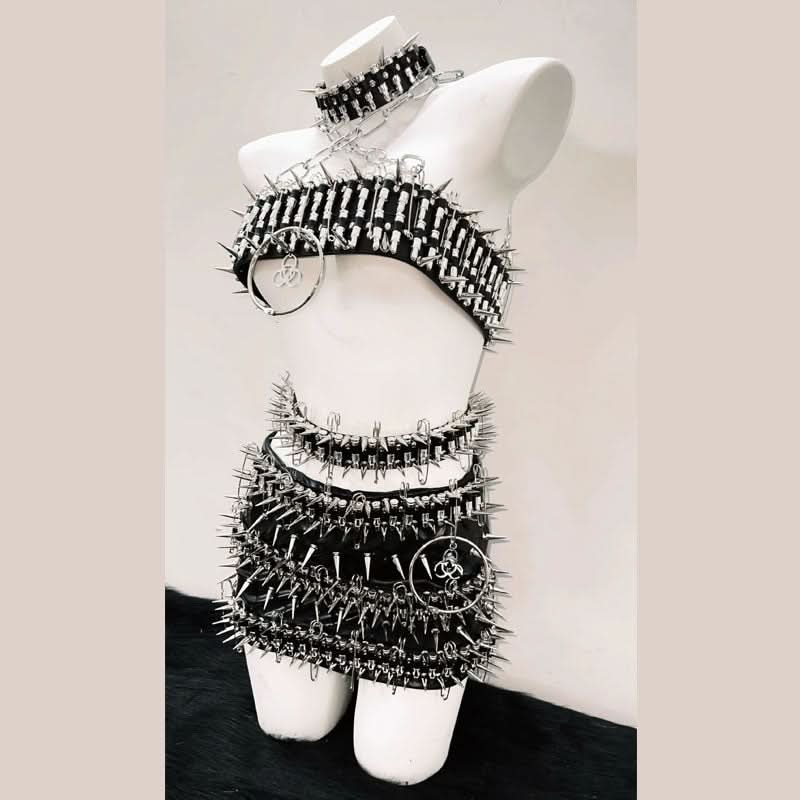 O ring rivet applique cross front belt mini skirt set