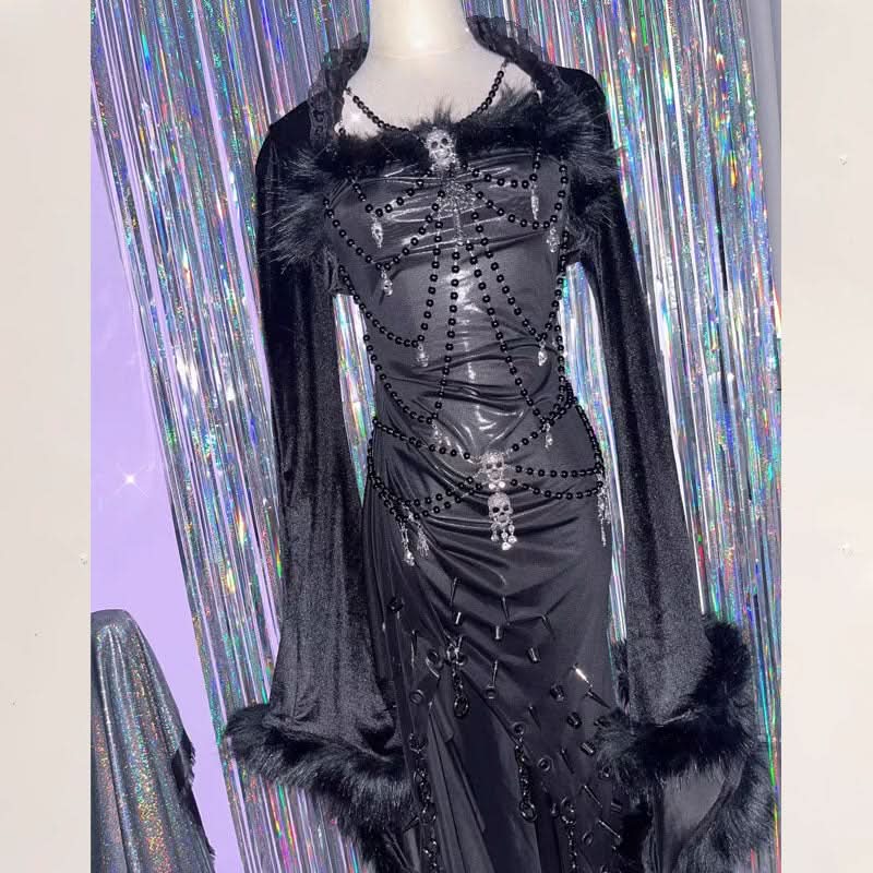 Long sleeve fluffy irregular rivet applique mini dress