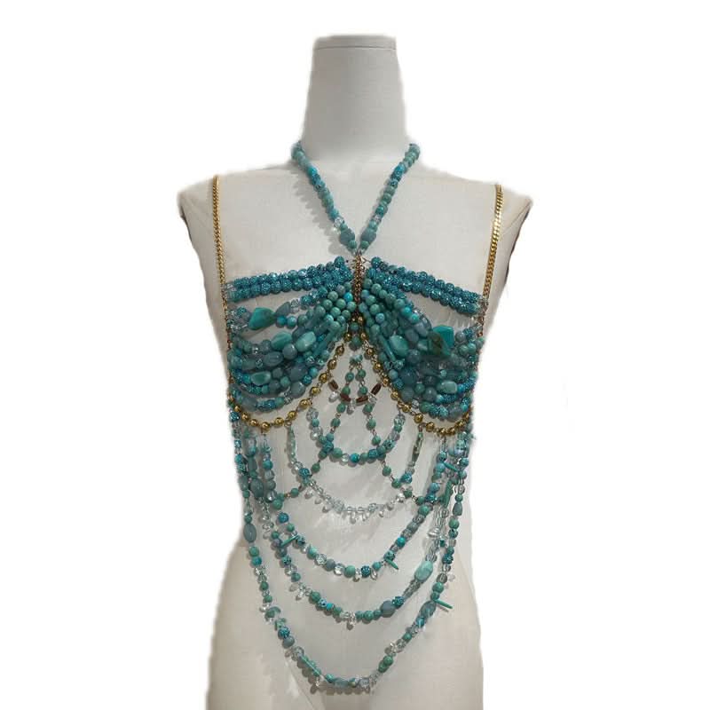 Halter beaded metal chain backless hollow out cut out top
