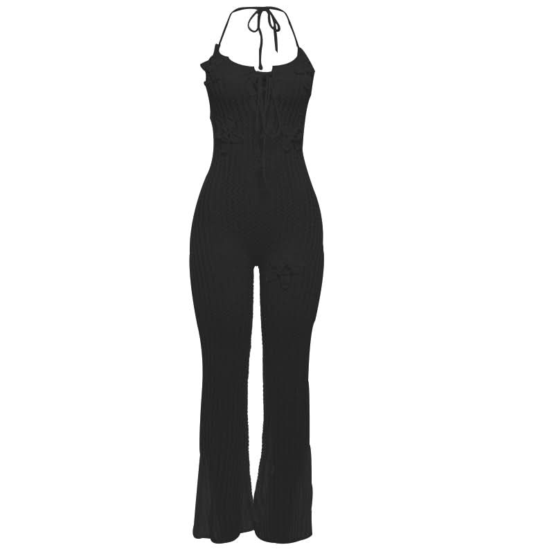Halter knitted flower applique jumpsuit