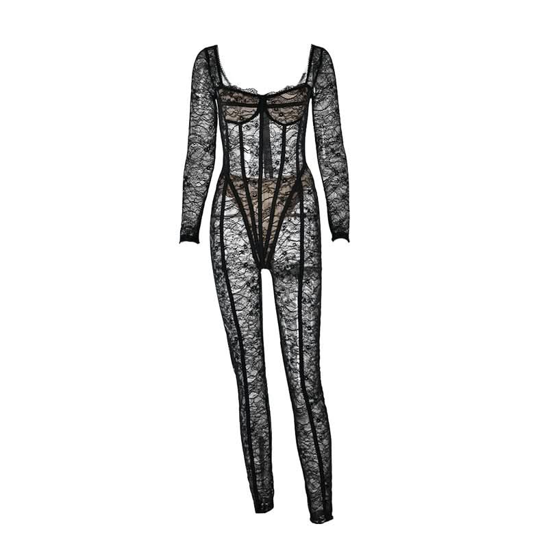 Long sleeve lace see through v neck zip-up jumpsuit