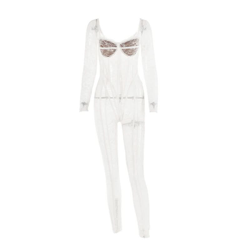 Long sleeve lace see through v neck zip-up jumpsuit