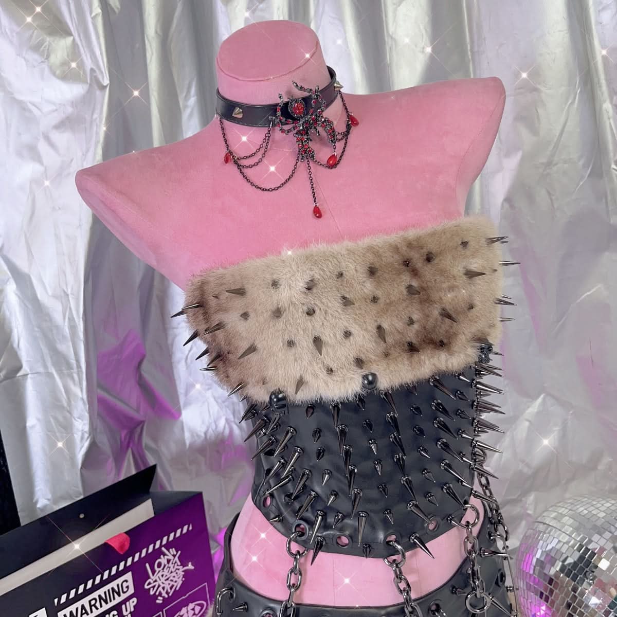 Fluffy metal chain rivet PU leather tube mini skirt set