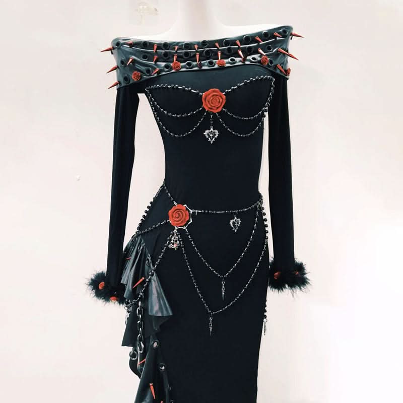 Long sleeve off shoulder irregular flower applique maxi dress