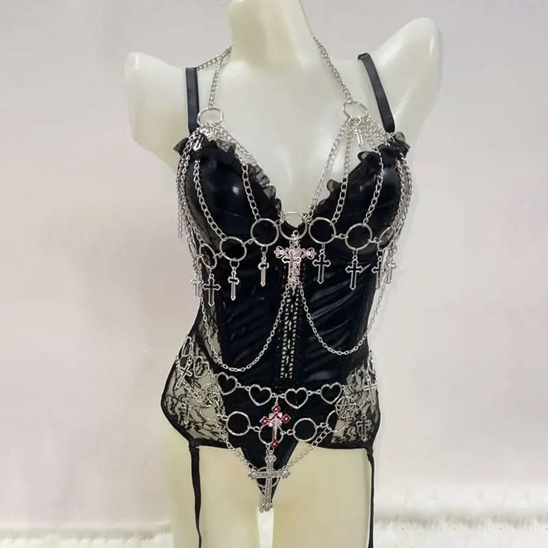 V neck metal chain o ring ruffle cami bodysuit