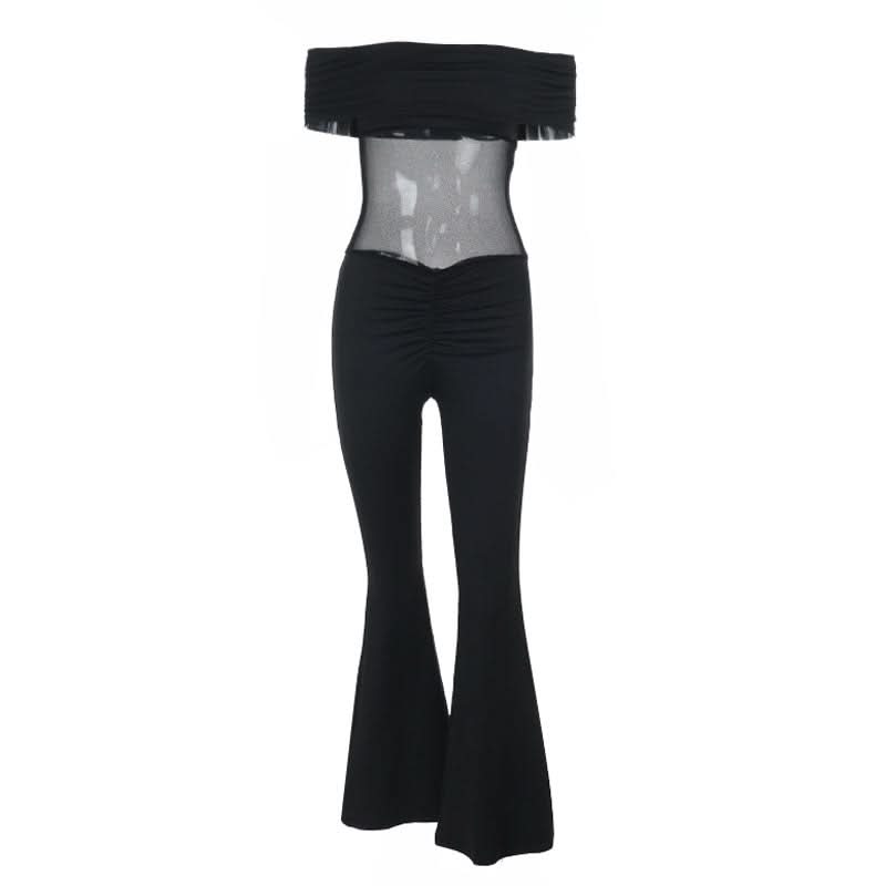 Off shoulder ruched mesh solid jumpsuit