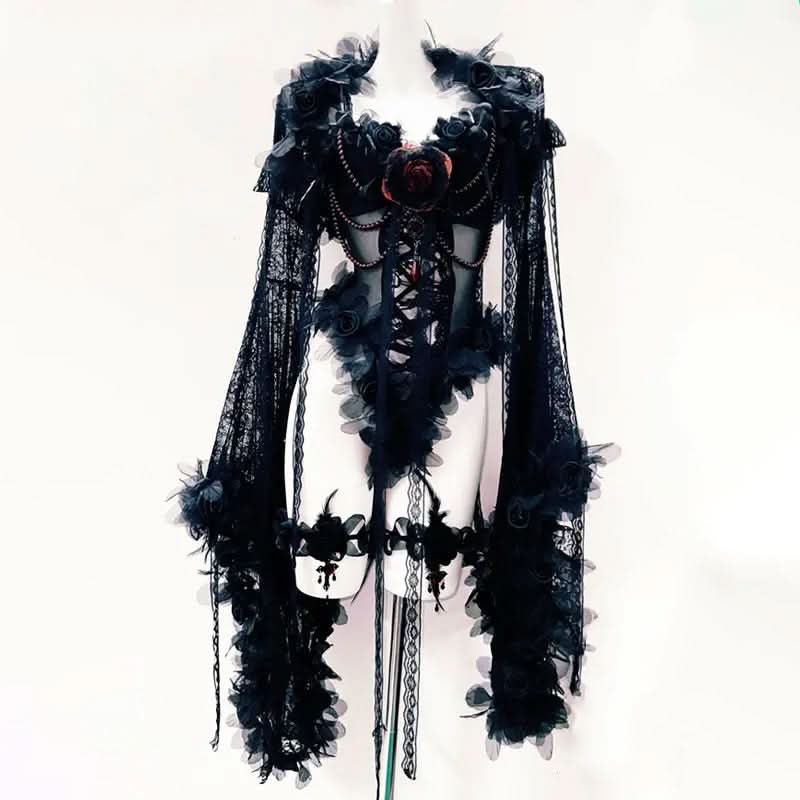 Long sleeve flower applique mesh beaded bodysuit