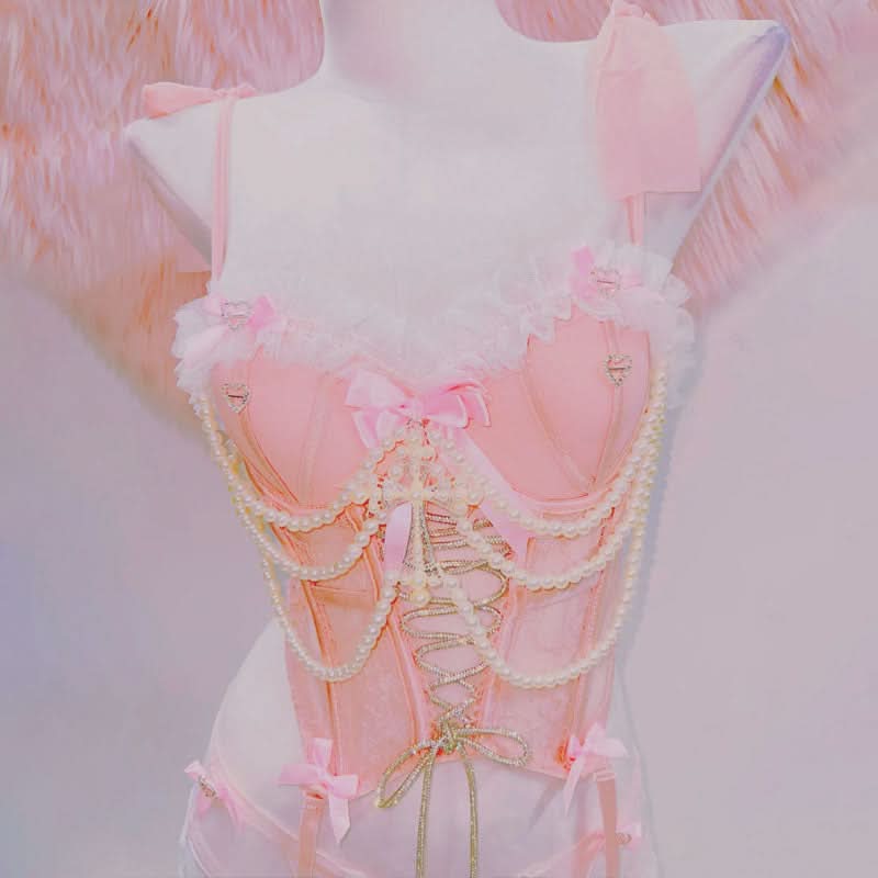 Bowknot beaded lace up v neck cami top