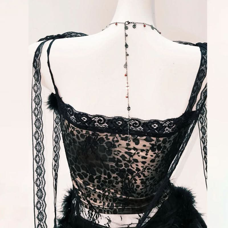 Fluffy lace hem self tie bowknot mini skirt set