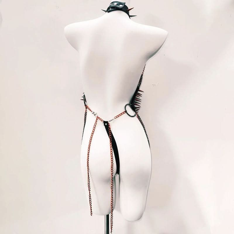 Metal chain o ring halter rivet applique bodysuit