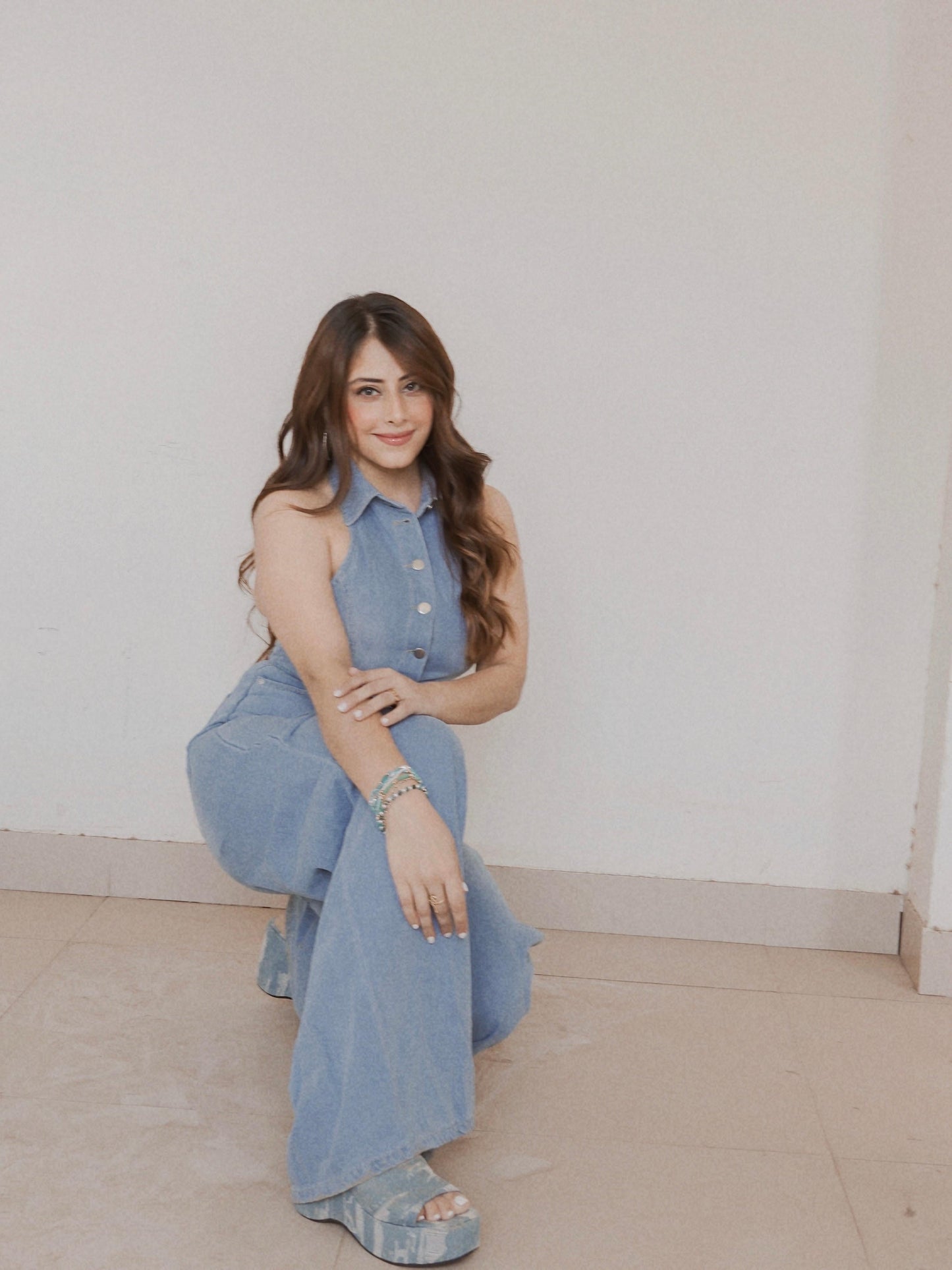 Halterneck Backless Denim Jumpsuit