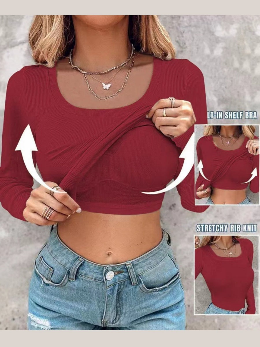 With Bra U-neck Thread Solid Color Long Sleeve T-shirts