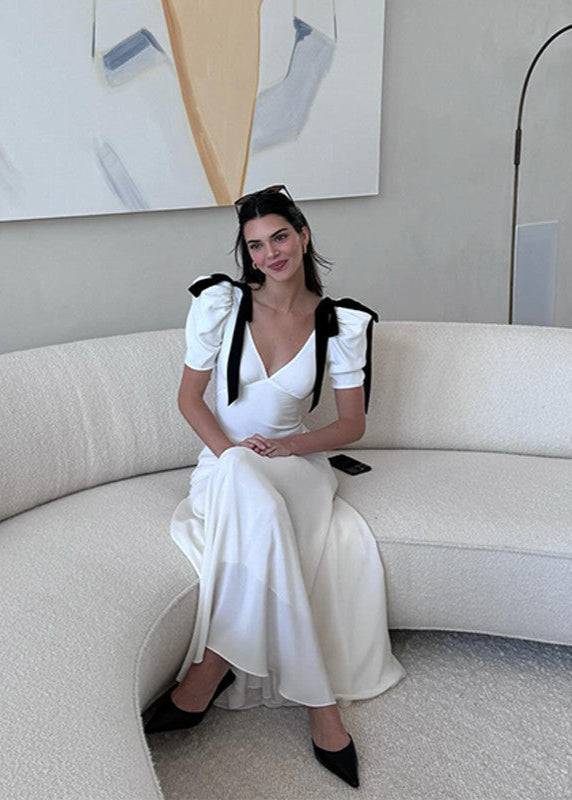 Garden Muse - Puff Sleeve Satin Maxi Dress with Velvet Bows