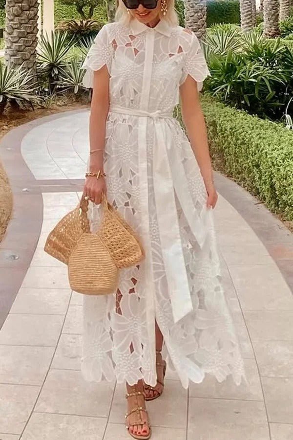 Dubai Style Floral Crochet Lace Short Sleeve Tie-up Shirt Maxi Dress