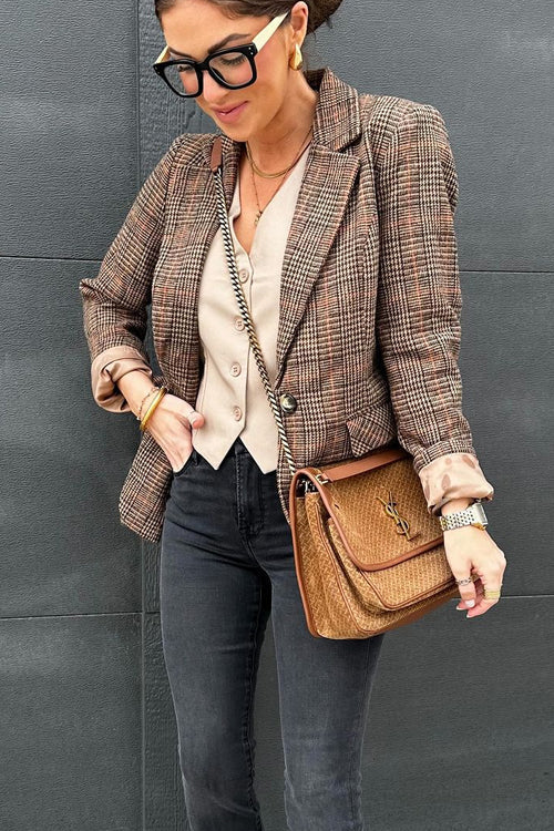 Lapel Single Button Classic Plaid Blazer
