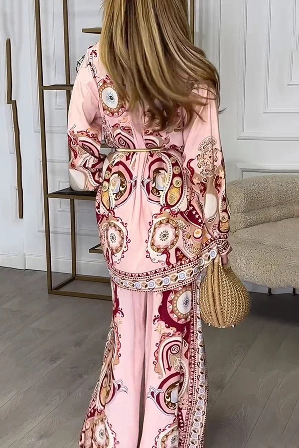 Unique Print Lapel Long Sleeve Tie Waist Shirt and Elastic Waist Pocket Wide Leg Pants Set