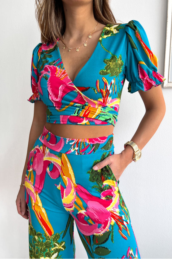 Floral Print V Neck Short Sleeves Crop Top Elastic Waist Wide Leg Pants Set
