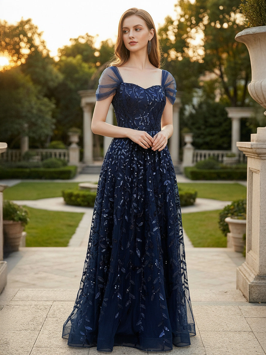 Deep Blue Sequin Maxi Prom Dress with Sweetheart Neckline and Off-shoulder For Summer 2026