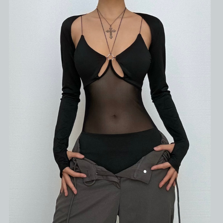 Long sleeve gloves o ring hollow out shrug 2 piece bodysuit