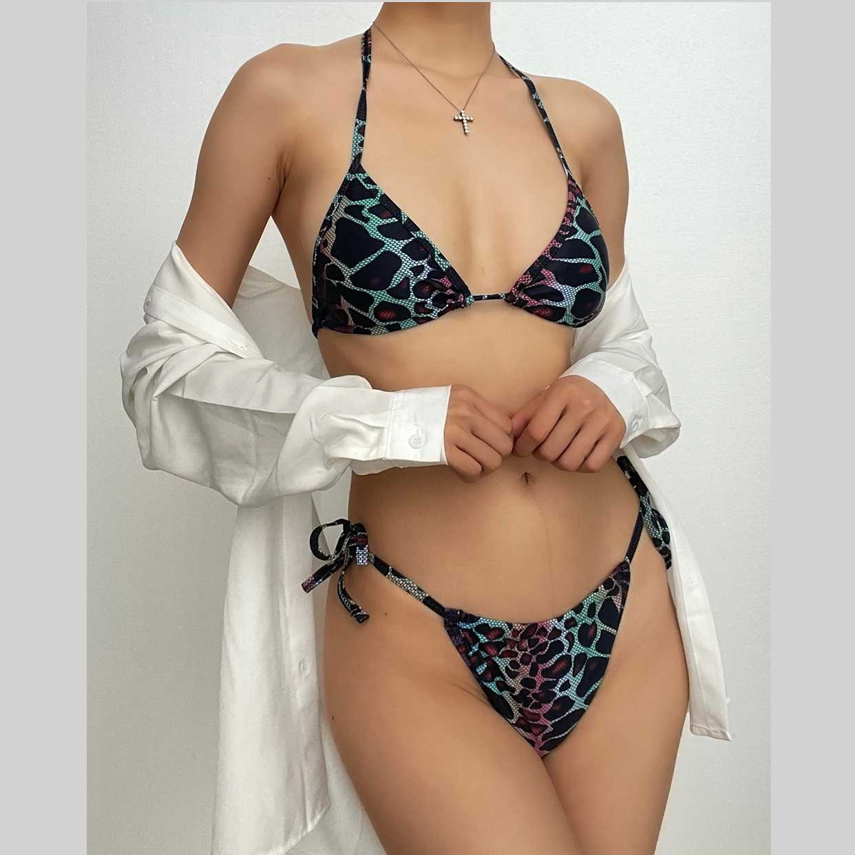 Leopard print contrast self tie halter backless ruched bikini swimwear