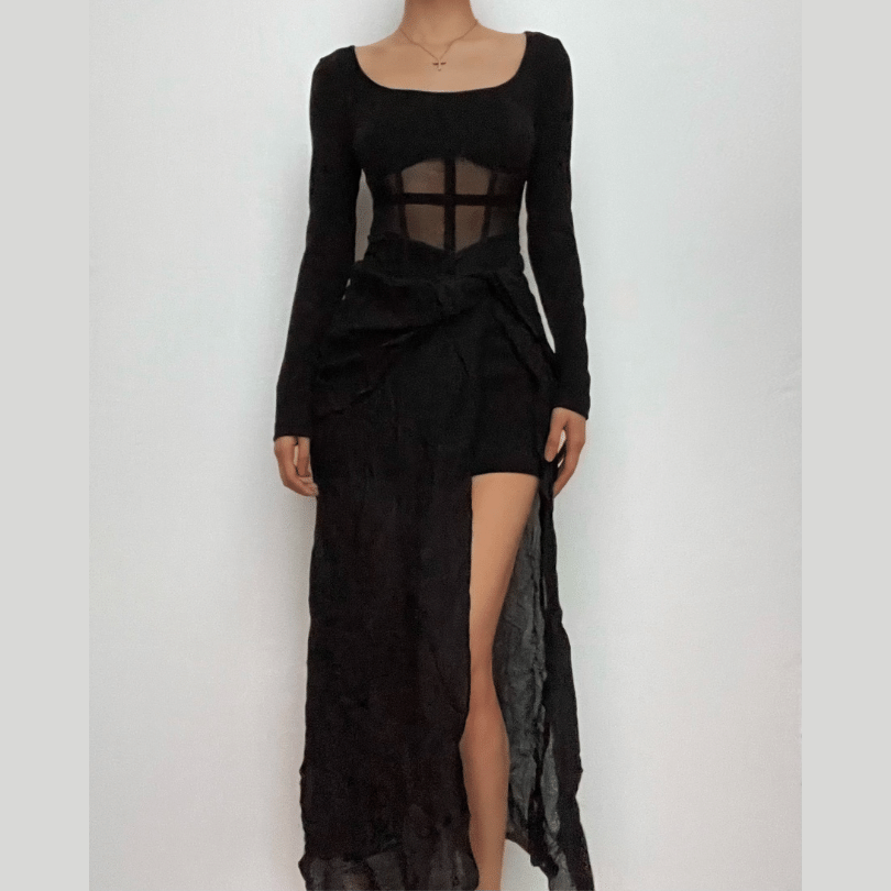 Square Neck Mesh Corset Panel Long Sleeve High Slit Maxi Dress