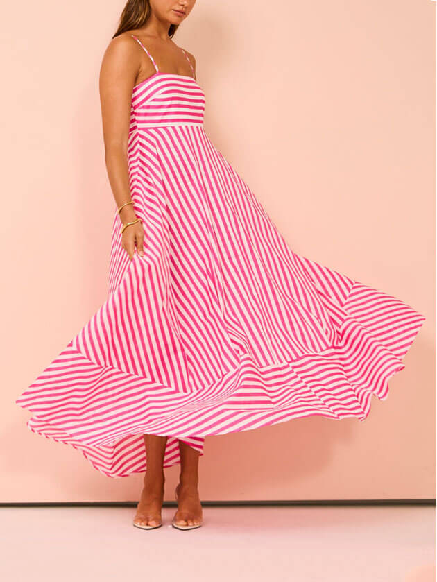 Striped Spaghetti Strap Square Neck Chevron Panel Maxi Dress