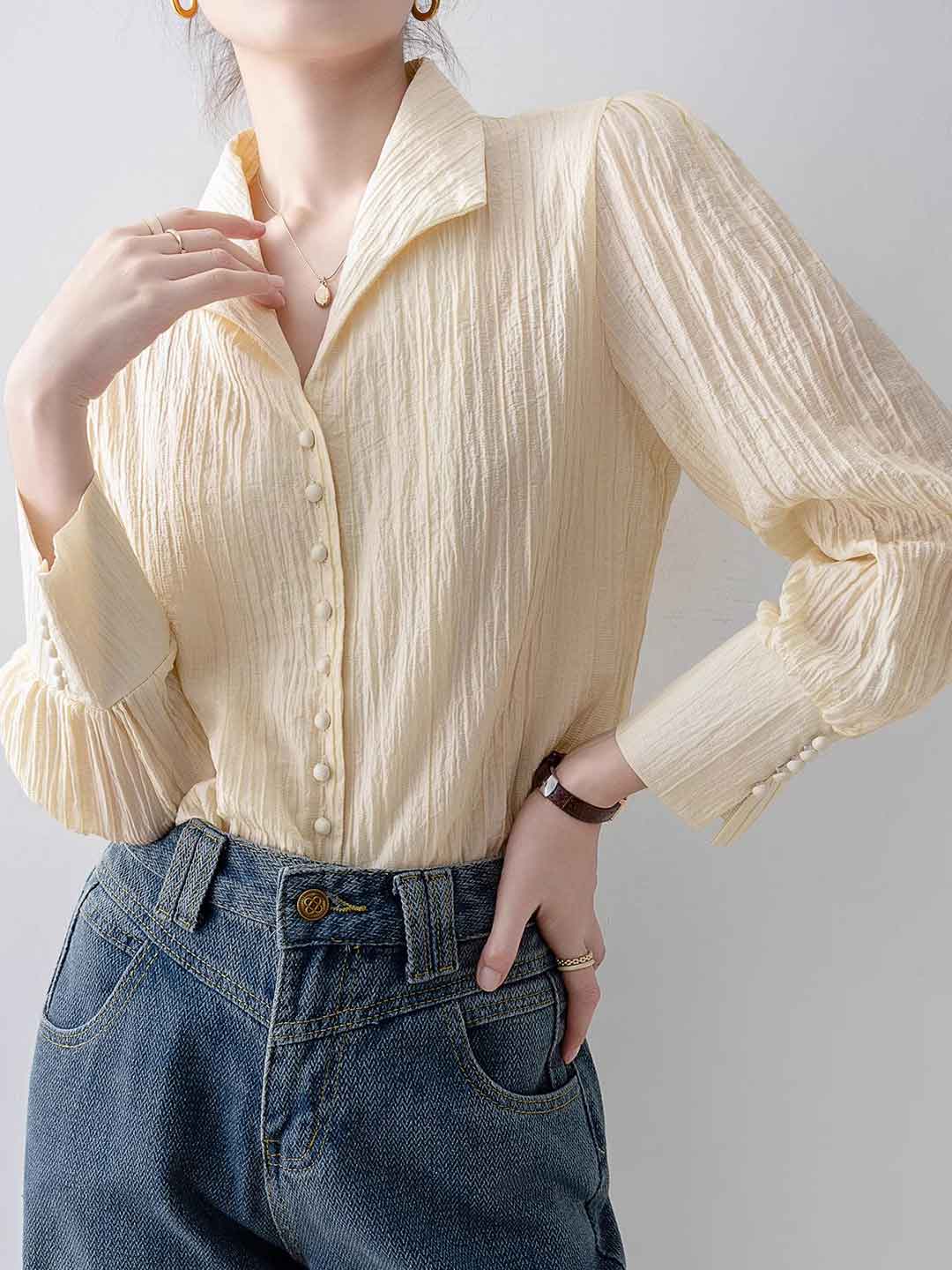 Grace Loose V-neck Lapel Textured Shirt
