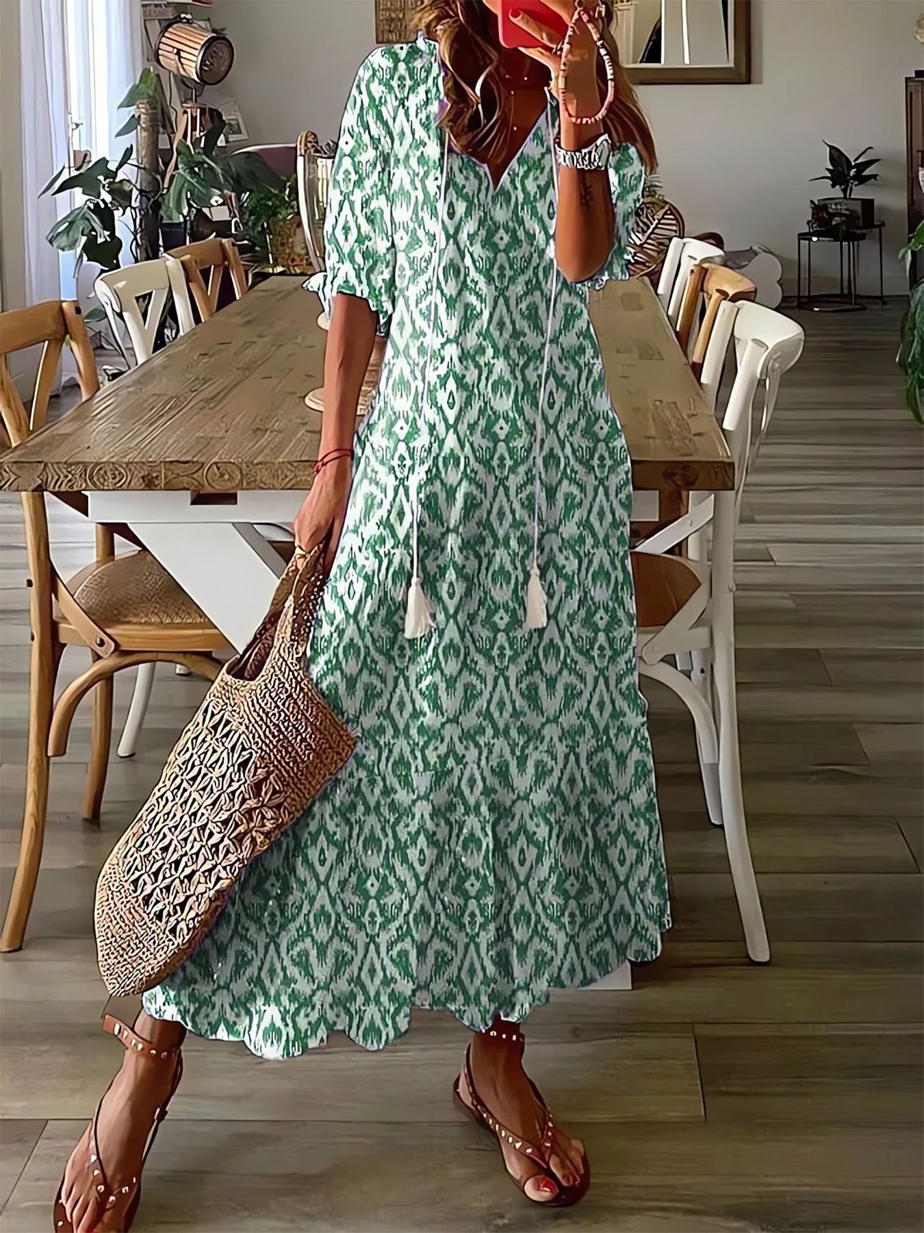 Loose V-Neck Printed Dress