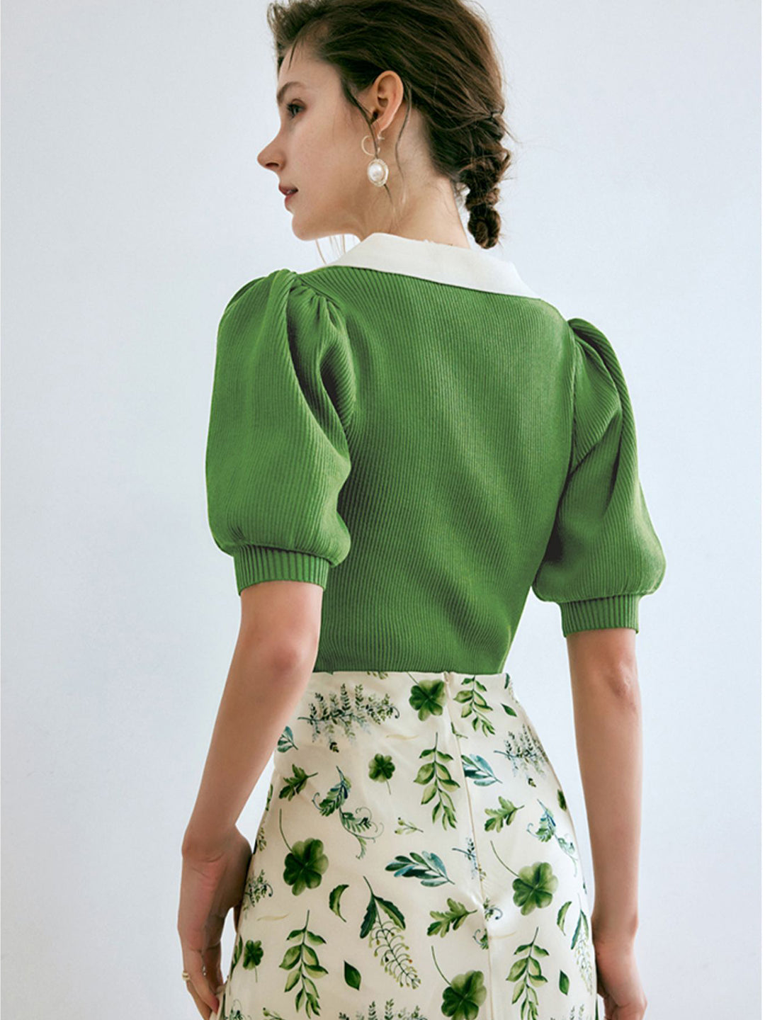 Alexis Contrast Lapel Puff Sleeve Knitted Set