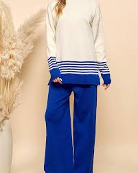 Blue - Striped Half-Turtleneck Sweater Two Piece Set
