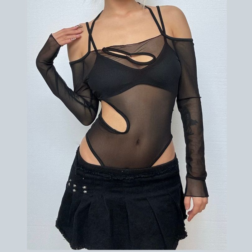 Long sleeve off shoulder mesh hollow out button bodysuit