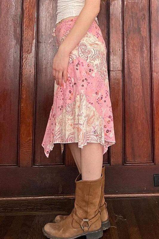 Pink Floral Print Asymmetric Bodycon Skirt
