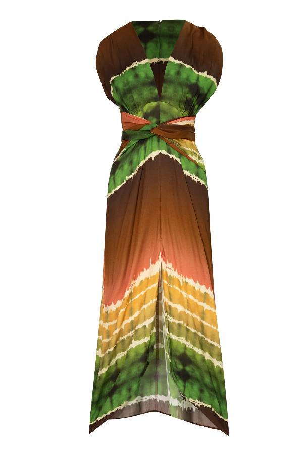 Tie Dye Print Sleeveless V Neck Tie Waist Maxi Dress