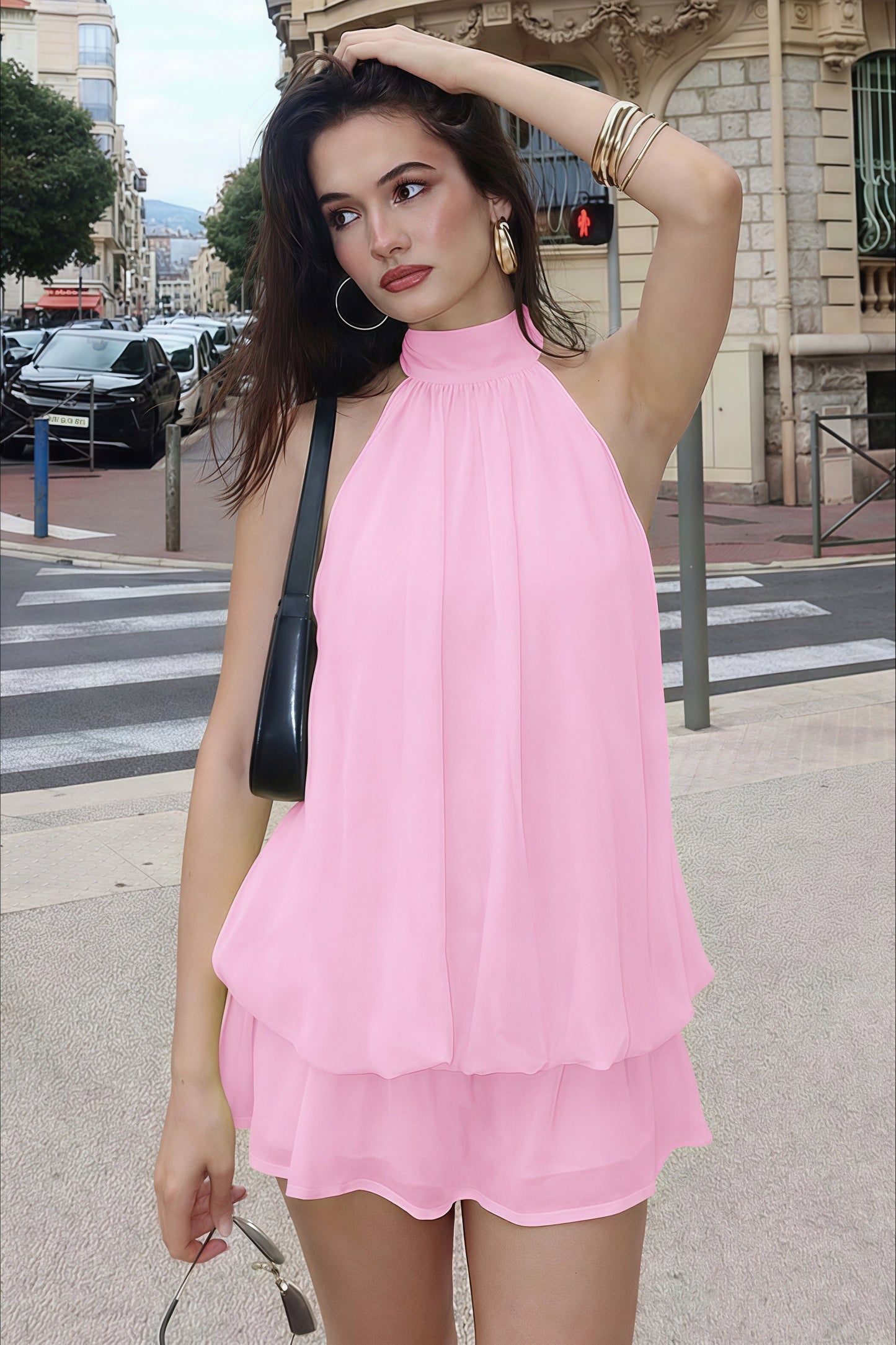 Halter Neck Pleated Tiered Bubble Hem Chiffon Mini Dress