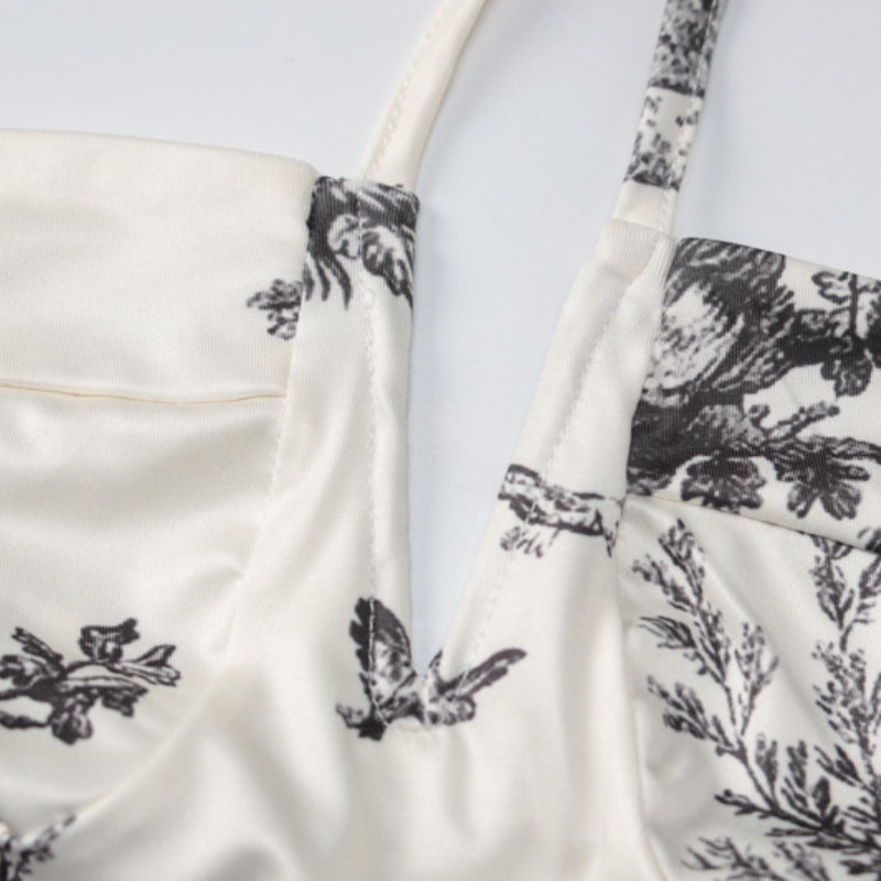 Self tie halter print ruched cami midi skirt set